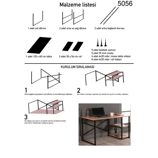 Çalışma Masası Raflı Ofis Laptop Bilgisayar Masası Çam 1001